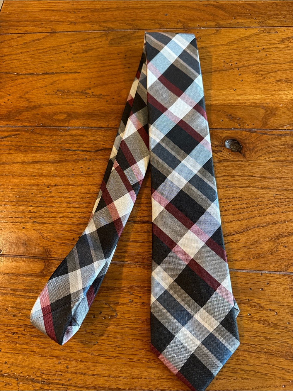 Stafford Plaid Neck Tie in Black, Gray, White & Burgundy